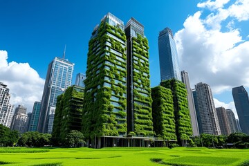 Obraz premium A city skyline with green buildings covered in plants, representing sustainable architecture and green technology