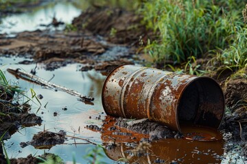 An old metal barrel surrounded by a small pool of water, likely abandoned or discarded