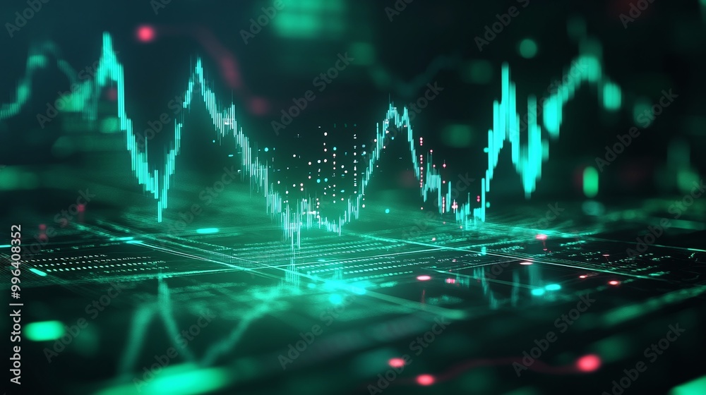 Poster digital stock market graph with green lines and data visualization on a dark background.