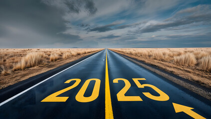 Road to 2025 with an empty road with written 2025 and arrow pointing towards the horizon to represent the future and positivity and success of the new year 2025