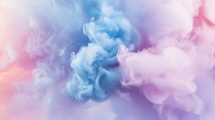 Fototapeta premium Soft pastel smoke clouds in shades of pink, blue, and lavender swirl against a light background, creating a dreamy, ethereal atmosphere.