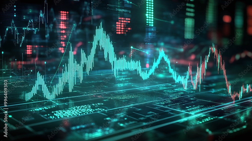 Poster digital stock market trends displayed in a visually captivating manner with data codes and graphs in