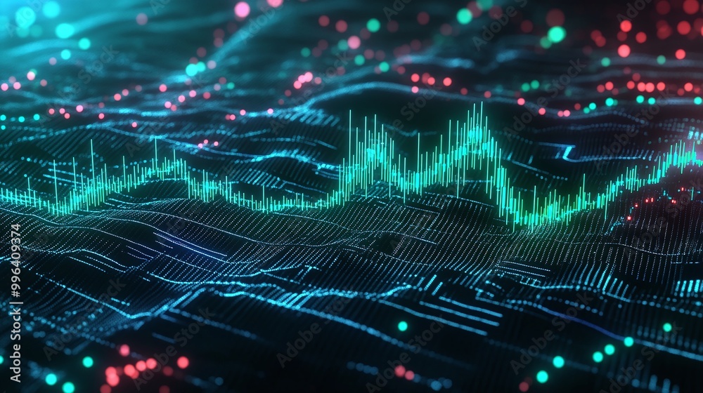 Poster digital visualization with vibrant waveforms and data patterns in green and red tones on a dark back