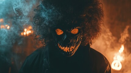 Curly haired figure in a black mask embodying a Halloween ghostly fantasy