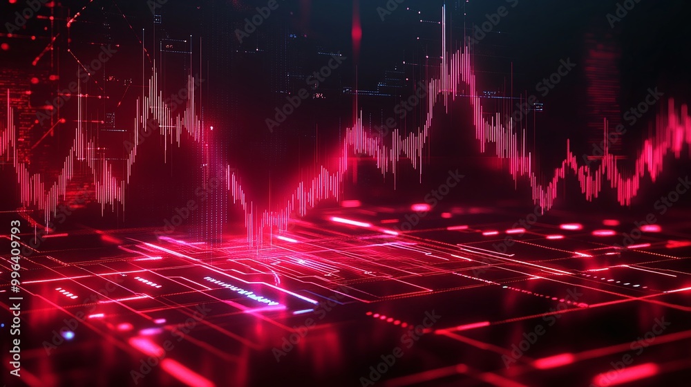 Poster digital waveform with bright red lines on a dark background, representing data analysis and technolo