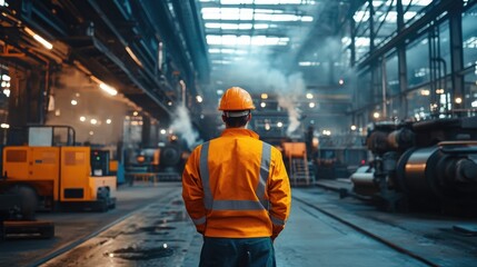 Factory supervisor evaluates industrial steel machinery