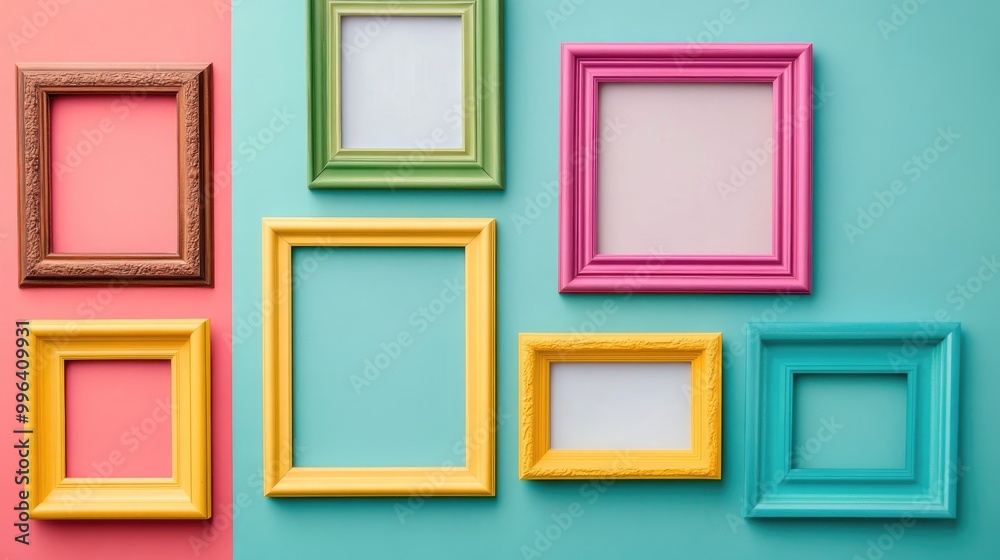 Poster An assortment of empty picture frames displayed in a flat lay arrangement against a simple background