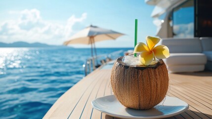 Obraz premium Tasty coconut drink with straw on yacht deck in hot tropical summer