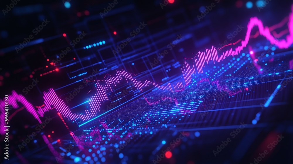 Poster dynamic abstract data visualization with vibrant pink and blue colors, showcasing fluctuating graphs