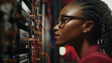 Close Up of a Woman Inspecting Server Equipment