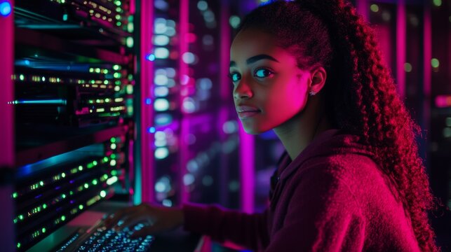 Young Woman Working in a Server Room with Colorful Lights