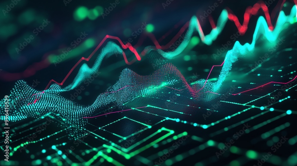 Poster dynamic abstract digital visualization of data analytics with vibrant color waves and graphs.