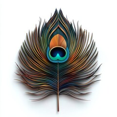Colorful peacock feather with intricate patterns on a white isolated background.