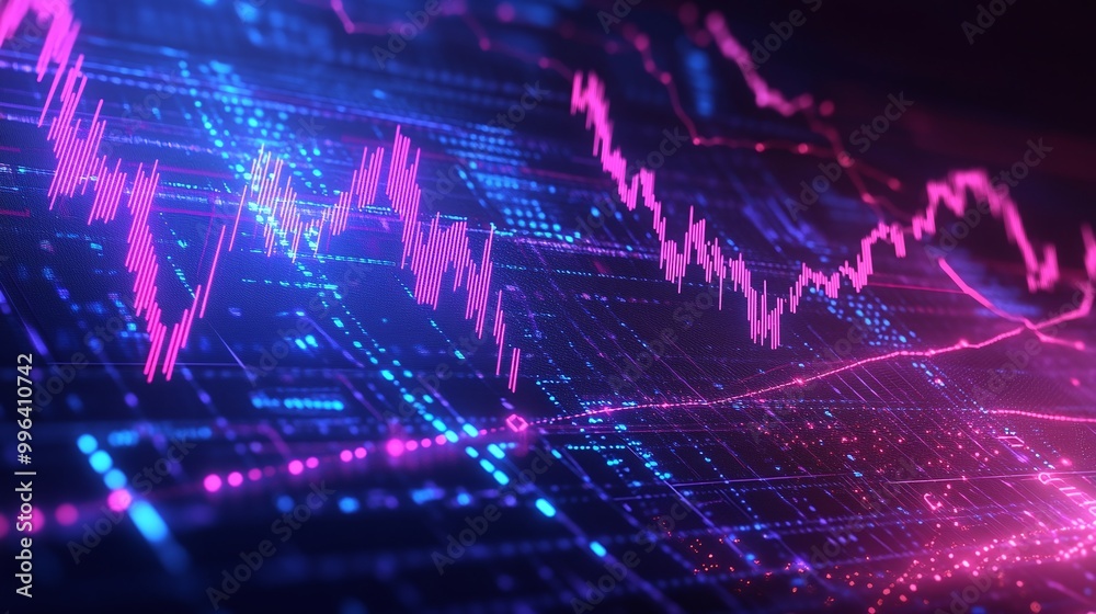 Poster dynamic abstract graph displaying financial data trends with vibrant colors in a high-tech digital e
