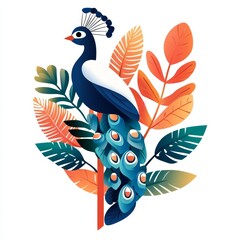 Colorful peacock perched on vibrant foliage against a white background.