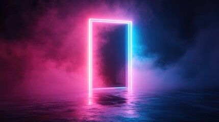 An abstract composition showcasing a doorway illuminated with neon pink and blue lights contrasted by a dark foggy backdrop