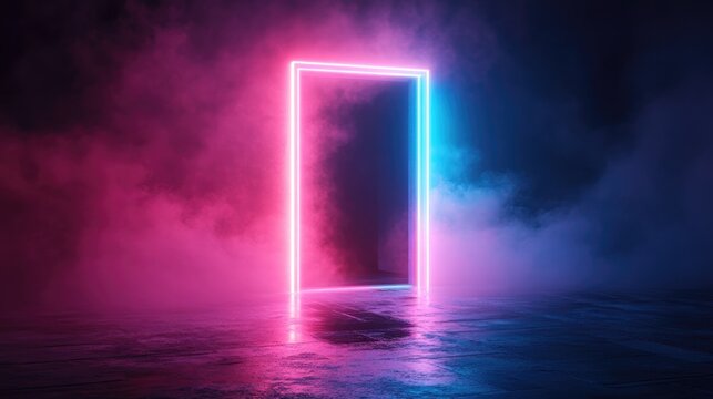 An abstract composition showcasing a doorway illuminated with neon pink and blue lights contrasted by a dark foggy backdrop