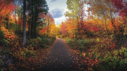 Fototapeta premium A panoramic shot of an empty forest path leading into the trees, with vibrant foliage on either side and a sense of peace.
