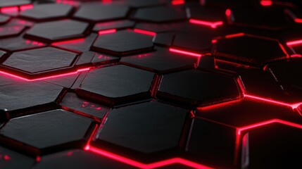 Obraz premium Abstract dark hexagonal background with red neon accents in a technological style