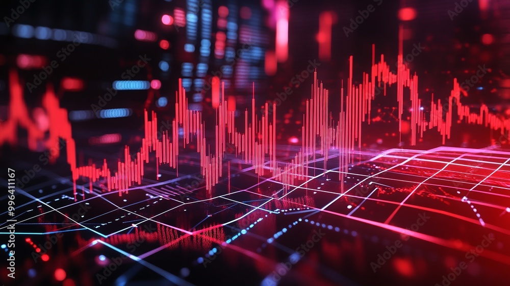 Poster dynamic abstract visualization of data trends with a vivid red color scheme on a digital grid backgr