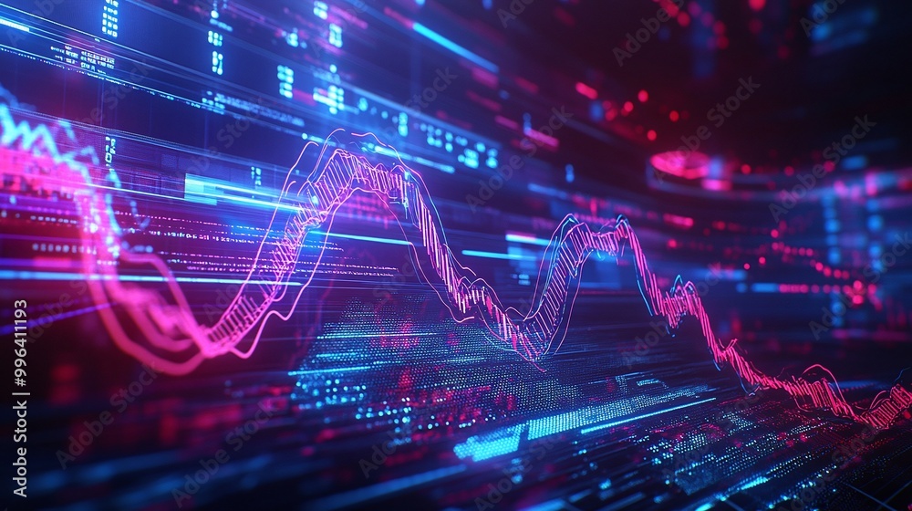 Poster dynamic abstract visualization of digital data flowing with bright colors and charts representing an
