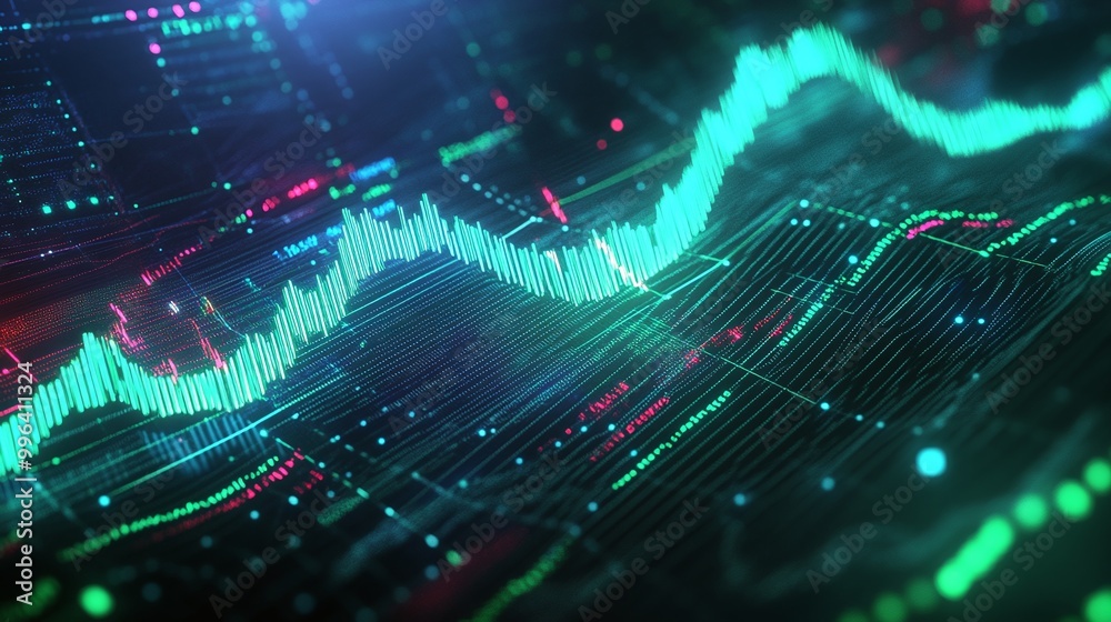 Poster dynamic data visualization, abstract graph with vibrant colors on a digital background.