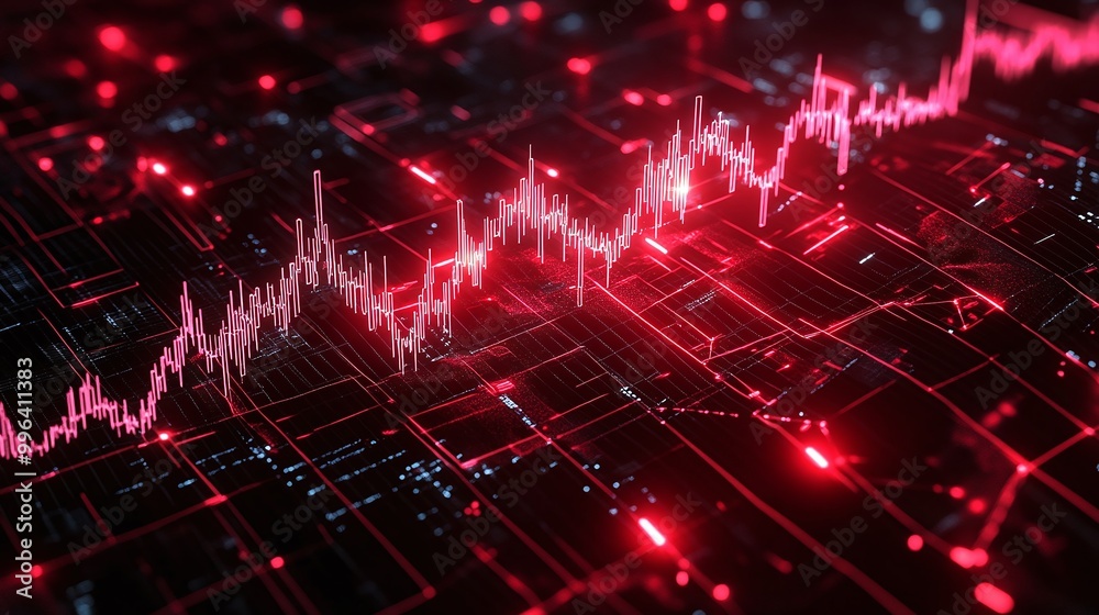 Poster dynamic data visualization displaying a vibrant red graph on dark digital grid.