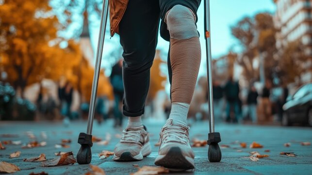 A person limping on crutches, holding their knee with an expression of acute pain after a recent injury.