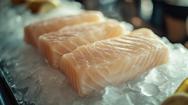 Fresh raw cod on ice Seafood showcase