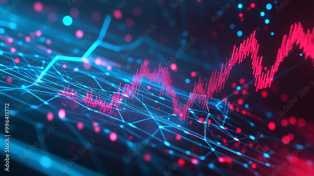 Poster dynamic data visualization with colorful graphs and digital elements indicating trends and changes.