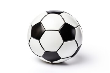 A classic black and white leather soccer ball with traditional stitching,