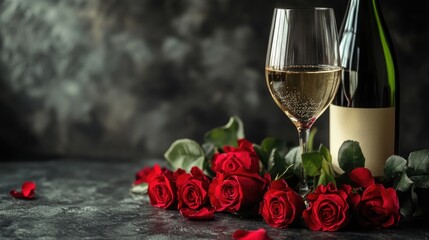 Romantic celebration featuring wine and a bouquet of roses
