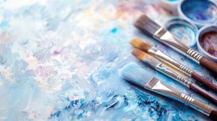 Fototapeta premium Watercolor palettes in soft blue pastels with brushes create a calming artistic background highlighting a relaxing and therapeutic hobby