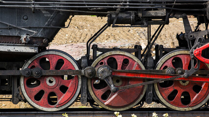 Close-up of part of an old black steam locomotive