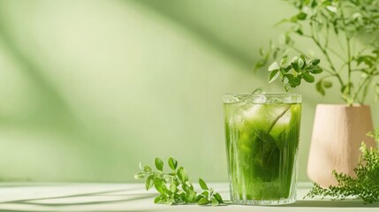 Moringa beverage infusion displayed against a softly colored backdrop offering ample space for text and design elements highlighting its nutritious qualities