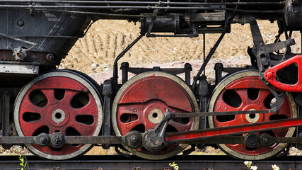 Close-up of part of an old black steam locomotive