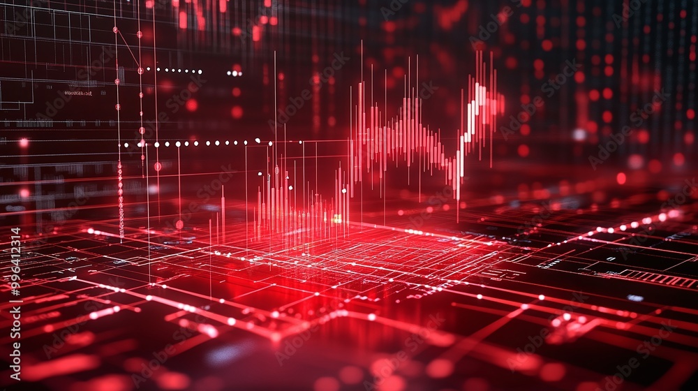 Poster dynamic data visualization with red digital graphs and charts on a dark background.