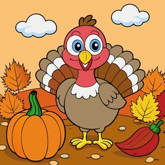 turkey meets autumn, illustration of the turkey painting and an exposition of pumpkins on the background. autumn background