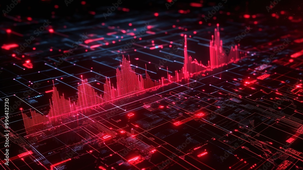 Poster dynamic data visualization with vibrant red peaks and digital grid background.
