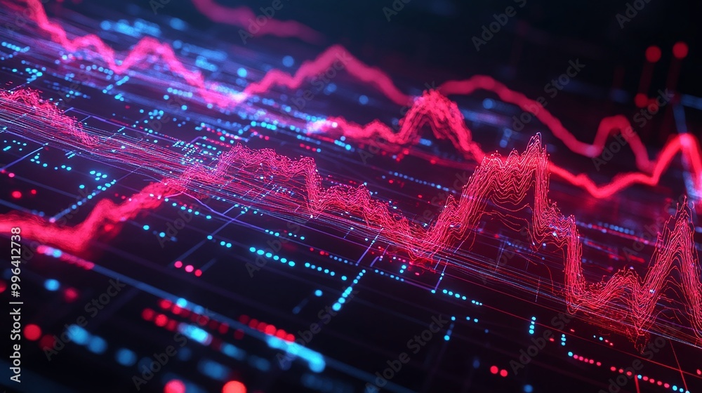 Poster dynamic data visualization with vibrant red and blue lines representing fluctuating statistics on a 