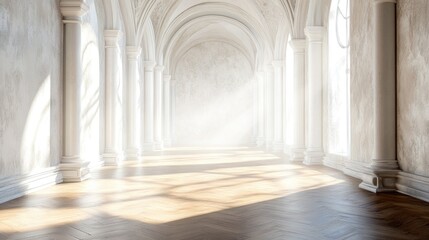 Obraz premium Sunlight streaming through graceful white archways onto a wooden floor