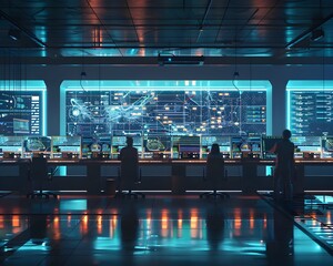 Smart Grid Control Room with Digital Interface and Monitoring Electricity Flow