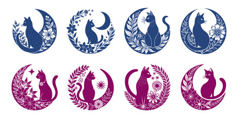 cat moon floral template set two color variations, animal art design decoration