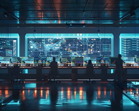 Smart Grid Control Room with Digital Interface and Monitoring Electricity Flow