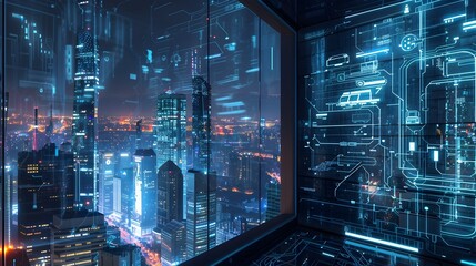 Futuristic Smart Grid Powered Cityscape with Holographic Data Displays Showing Real Time Energy Distribution