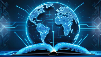 Opened book with globe digital art abstract blue background/ global knowledge, education, E-learning, international literacy day concept art