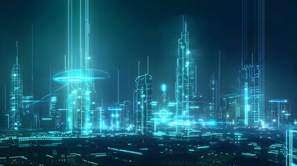 Futuristic Cityscape with Smart Grid Holographic Data Displays for Real Time Energy Distribution