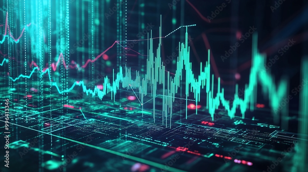 Poster dynamic digital data visualization showing fluctuating statistics and graphs in a futuristic style.