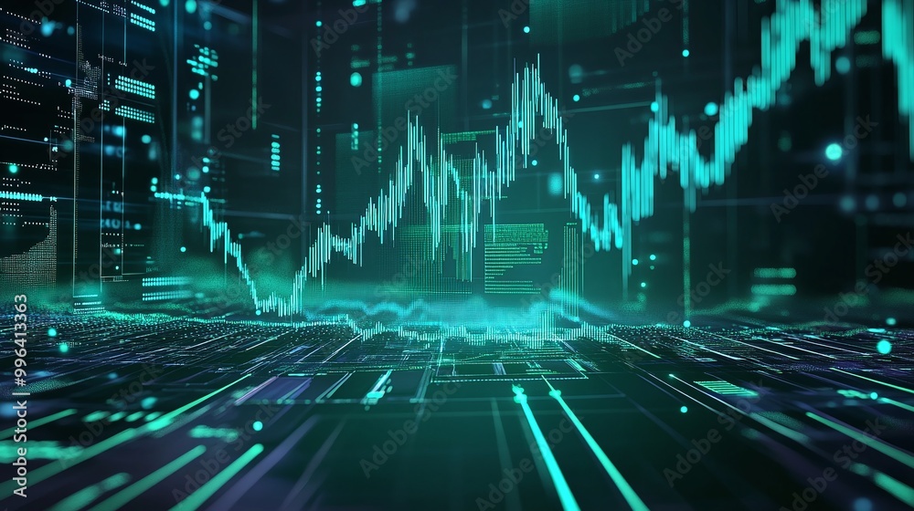 Poster dynamic digital data visualization showcasing fluctuating graphs and data streams.