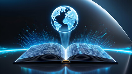 Opened book with globe digital art abstract blue background/ global knowledge, education, E-learning, international literacy day concept art